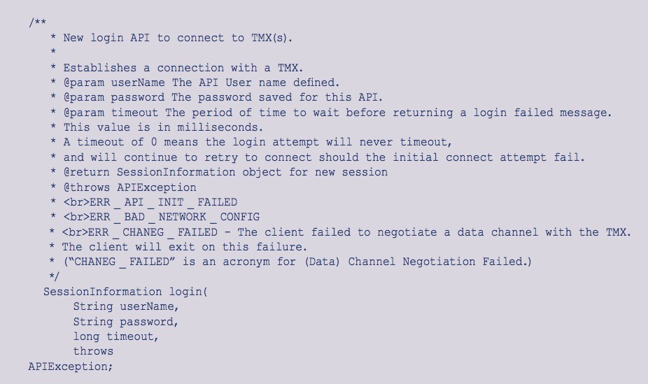 Figure 2. A sample method (login) for a Java API.