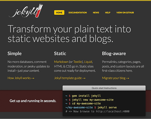Figure 1. Jekyll has more than twice as many stars and four times as many forks as the next competing static site generator, GitBook.