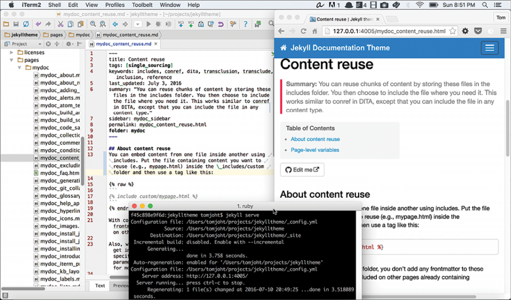 Figure 2. My text editor is open on the left; the browser on the right is open to the preview URL (http://127.0.0:4005). The terminal window shows how the site regenerates each time I save a change. 