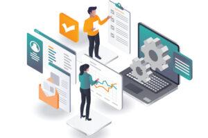 Graphic with illustrated people managing lists and graphs, project planning