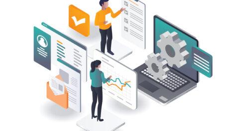 Graphic with illustrated people managing lists and graphs, project planning