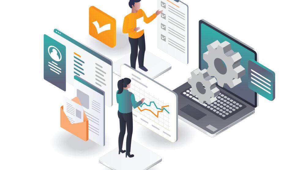 Graphic with illustrated people managing lists and graphs, project planning