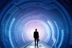 Businessman walking toward a digital vortex