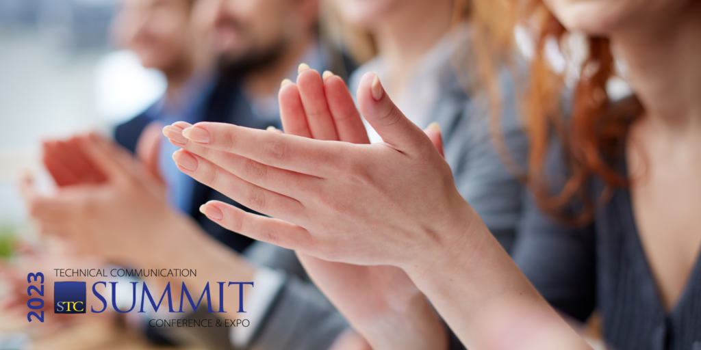 Image of 2023 STC Summit logo and people applauding, with a close up of a woman's hands.