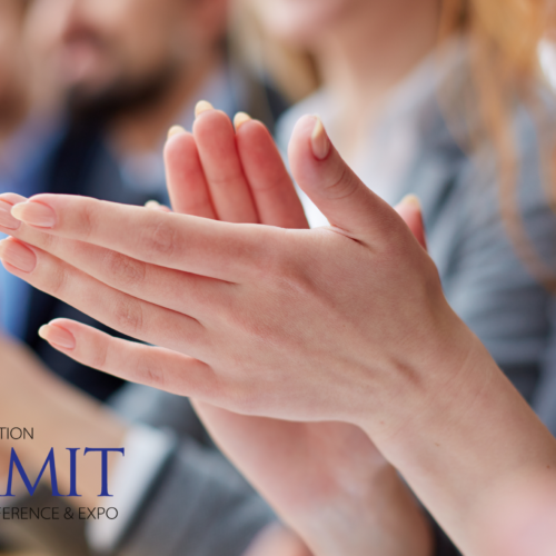 Image of 2023 STC Summit logo and people applauding, with a close up of a woman's hands.