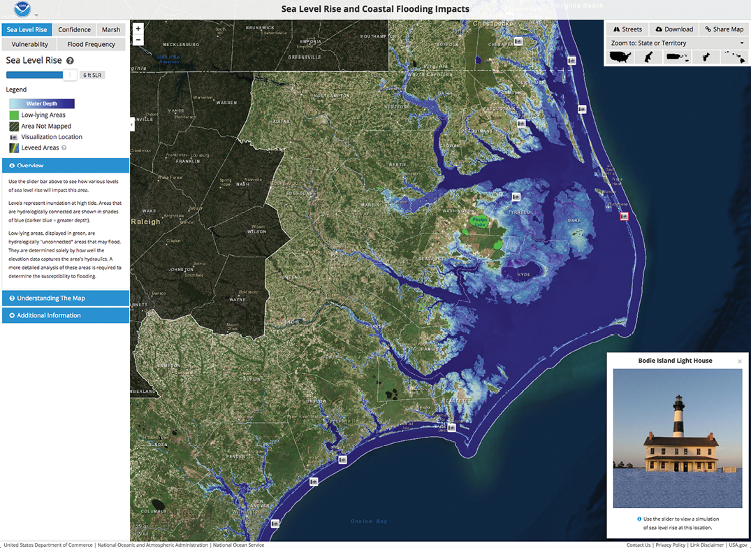 Figure 10. Interactive map showing the likely effects of 6 feet of sea level rise on the coast of North Carolina, with a picture illustrating the consequences for a local lighthouse (National Oceanic and Atmospheric Administration, 2016). Figure courtesy of NOAA. Used by permission. Copyright © 2016 Esri and its data providers. All rights reserved.