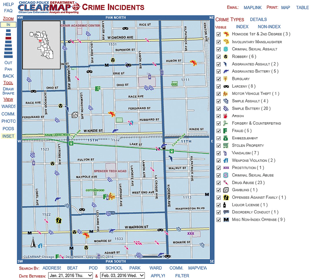 Figure 11. Chicago Police Department CLEARMAP for Chicago, Illinois, with icons showing several types of crimes committed over two weeks (Chicago Police Department, 2016). Reproduced with the permission of the Chicago Police Department 2016.