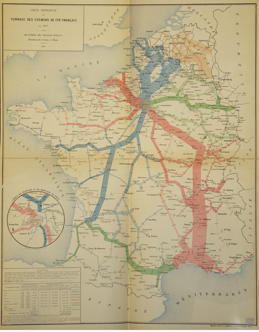 Figure 2. Map showing the amount of railroad freight transported across France in 1879 along several regional routes (Ministère des Travaux Publics, 1881, Plate 1).