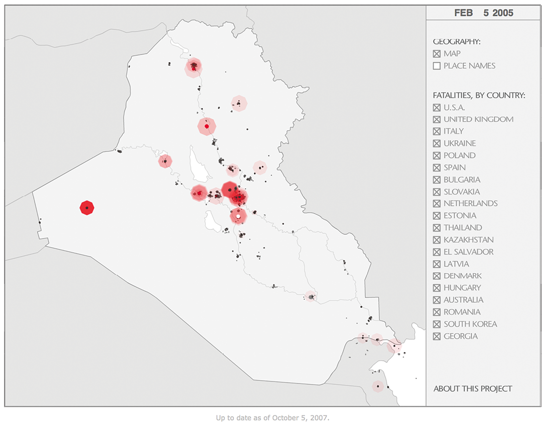 Figure 8. Animated chart with sound designed by Tim Klimowicz (2011) that visualizes coalition fatalities in the Iraq War from 2003 to 2007. Reproduced with the permission of Tim Klimowicz.