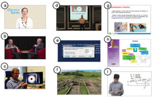 Figure 1. Screenshots of most frequent video communication styles found in MOOCs. (a) Talking Head, (b) Interview (dialogic), (c) Interview (declarative), (d) Live Lecture, (e) Screencast, (f) Documentary, (g) Slides, (h) Head and Slides, and (i) Virtual Whiteboard.