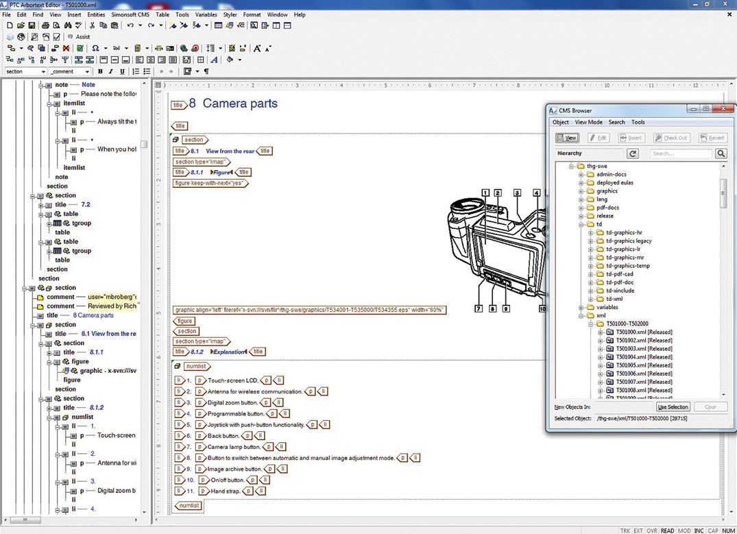 Figure 1. Arbortext Editor Showing a Section from a FLIR T4xx Series Manual and the CMS Browser Tool