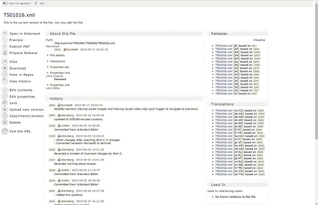 Figure 4. A Simonsoft CMS View of an XML File (a FLIR Kxx series manual) Showing Buttons for Various Operations (left), Version History (middle), and Associated Releases and Translations (right)