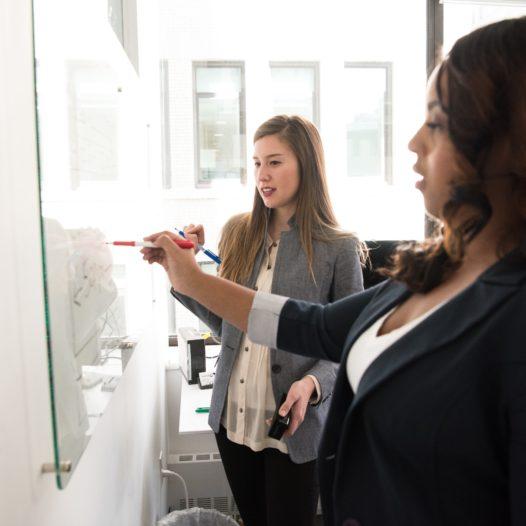 photo of two women writing on a whiteboard